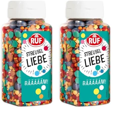 RUF Streusel-Mix BÄÄÄÄÄM!, bunte Streusel Party-Mix, für Cupcake, Kuchen Tortendeko zum Kinder-Geburtstag, Einschulung, Weihnachten, Silvester, 1x140g (Packung mit 2) von RUF
