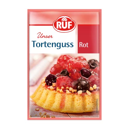 RUF Tortenguss rot, für Obstkuchen mit roten Früchten, ohne tierische Gelatine, zuckerfrei, einfache Zubereitung mit heißem Wasser, glutenfrei, 28er Pack (28x3x12g) von RUF