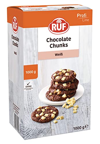 RUF White Chocolate Chunks, backfeste weiße Schokoladen-Tropfen, XXL Schoko-Drops zum Backen, Schokoladen-Stücke, Chocolate Chips, Vorratspackung 1x1000g von RUF
