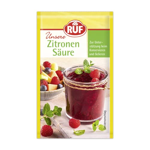RUF Zitronensäure, zum Gelieren & Konservieren von Konfitüren, als Geschmack-Abrundung für Obst-Salate & Salatsoßen, zum Reinigen & Entkalken, 6 x 5g von RUF