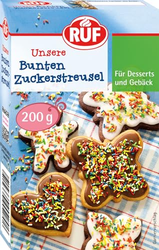 RUF Bunte Zuckerstreusel in Regenbogenfarben, essbarer Streusel-Dekor zum Verzieren von Kuchen, Torten, Keksen und Eis, glutenfrei, 2er Pack, 2 x 200g von RUF