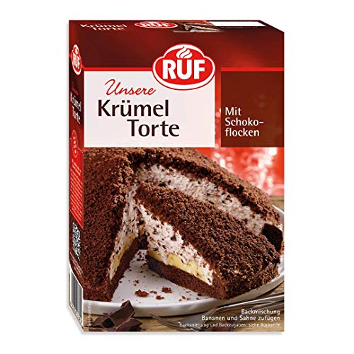 RUF Krümeltorte, Torten-Backmischung für einen schokoladigen Maulwurfkuchen mit Sahnefüllung, Schokoladenflocken und Bananen, 8er Pack (8x425g) von RUF