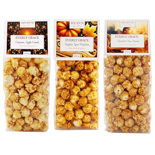 Everly Grace Popcorn Fall Bundle – Pumpkin Spice Perfection, Cinnamon Apple Crunch, Chocolate Chai Charme, je 100 g Popcorn-Tüten aus unserer Manufaktur in Augsburg, Deutschland von Everly Grace
