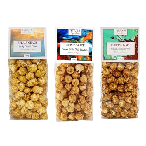Everly Grace Popcorn Spring Bundle – Caramel&Sea Salt Sensation, Crunchy Caramel Clouds, Magical Chocolate Mint, je 100 g Popcorn-Tüten aus unserer Manufaktur in Augsburg, Deutschland von Everly Grace