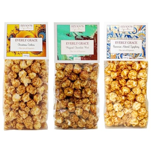 Everly Grace Popcorn Winter Bundle – Christmas Cookie, Bavarian Almond Symphony, Magical Chocolate Mint, je 100 g Popcorn-Tüten aus unserer Manufaktur in Augsburg, Deutschland von Everly Grace