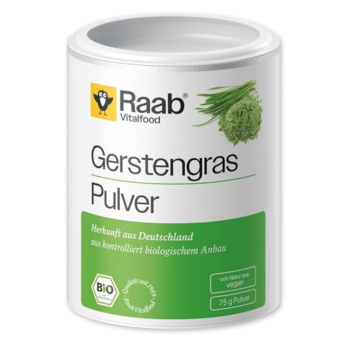 Raab Bio Gerstengras-Pulver, rückstandskontrolliert, vegan, Rohkost-Qualität, Raw Food, glutenfrei, enthält natürlicherweise Eisen, Folsäure und Vitamin K, 1er Pack ( 75 g Dose) von Raab Vitalfood