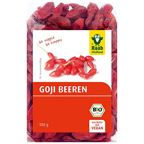 Raab Vitalfood Bio Goji-Beeren, Premium-Qualität, rückstandskontrolliert, laborgeprüft, ungeschwefelt, ohne Zusätze, vegan, reich an natürlichem Eisen Kalium Vitamin C, Wolfsbeere, 1er Pack (100 g) von Raab Vitalfood