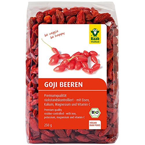 Raab Vitalfood Bio Goji-Beeren, Premium-Qualität rückstandskontrolliert, laborgeprüft, ungeschwefelt, ohne Zusätze, vegan, reich an natürlichem Eisen, Kalium, Vitamin C, Wolfsbeere, 1er Pack (250 g) Raab Vitalfood Bio Goji-Beeren, Premium-Qualität rückstandskontrolliert, laborgeprüft, ungeschwefelt, ohne Zusätze, vegan, reich an natürlichem Eisen, Kalium, Vitamin C, Wolfsbeere, 1er Pack (250 g) von Raab Vitalfood