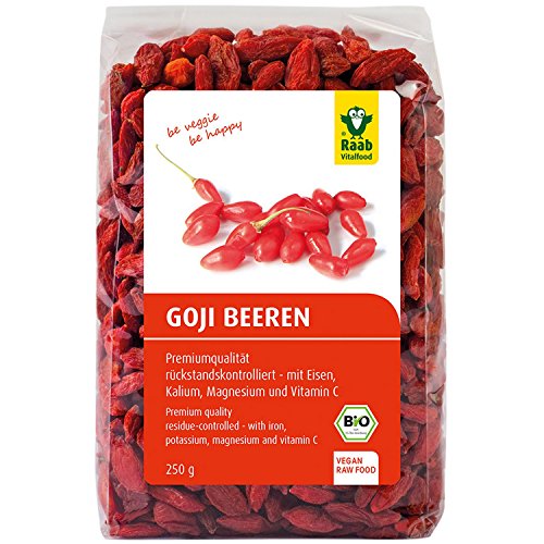 Raab Vitalfood Bio Goji-Beeren, Premium-Qualität rückstandskontrolliert, laborgeprüft, ungeschwefelt, ohne Zusätze, vegan, reich an natürlichem Eisen, Kalium, Vitamin C, Wolfsbeere, 1er Pack (250 g) von Raab Vitalfood