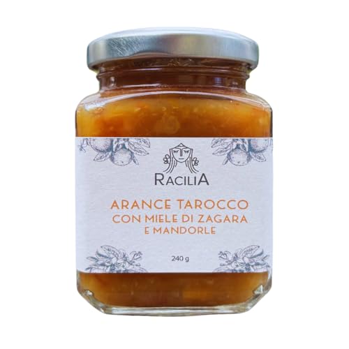RACILIA Sizilianisch Tarocco-Orangenmarmelade mit Orangenblütenhonig und Mandeln - 100% Sizilianische Marmelade, Glutenfrei, Italienisch - 240g von Racilia