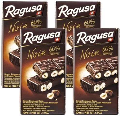 Ragusa Noir Tafel 100g – Die dunkle Variante mit 60 Prozent Kakaoanteil und ganzen Haselnüssen – Original Schweizer Schokolade (1 x 100g) (Packung mit 4) von Ragusa