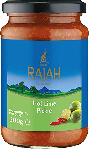 Rajah Hot Lime Pickle – Scharf eingelegte Limetten – Ideal als Begleitung zu Curry, Fleisch, Käse, Poppadums & Vorspeisen – 1 x 300 g von Rajah