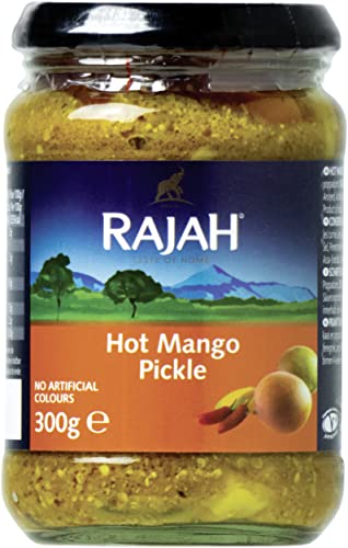 Rajah Hot Mango Pickle – Scharf eingelegte Mangos – Ideal als Begleitung zu Curry, Fleisch, Käse, Poppadums & Vorspeisen – 3 x 300 g von Rajah