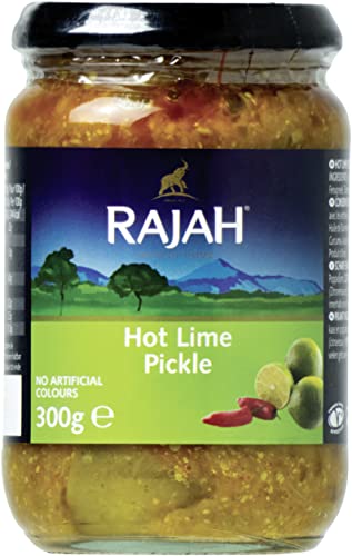 Rajah Hot Lime Pickle – Scharf eingelegte Limetten – Ideal als Begleitung zu Curry, Fleisch, Käse, Poppadums & Vorspeisen – 1 x 300 g von Rajah