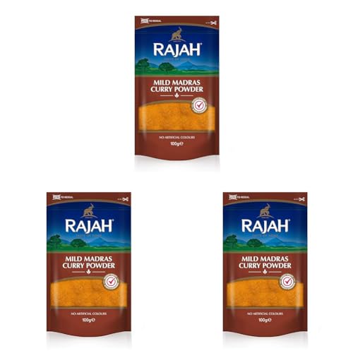 Rajah Mild Madras Currypulver – Aromatische Gewürzmischung mit milder Schärfe – 1 x 100 g (Packung mit 3) von Rajah