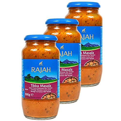 Rajah Tikka Masala - 3er Pack Cremige Currysauce á 500 g - Mittelscharfe indische Curry Fertigsauce mit Zwiebeln, Tomaten, Sahne und Joghurt von Rajah