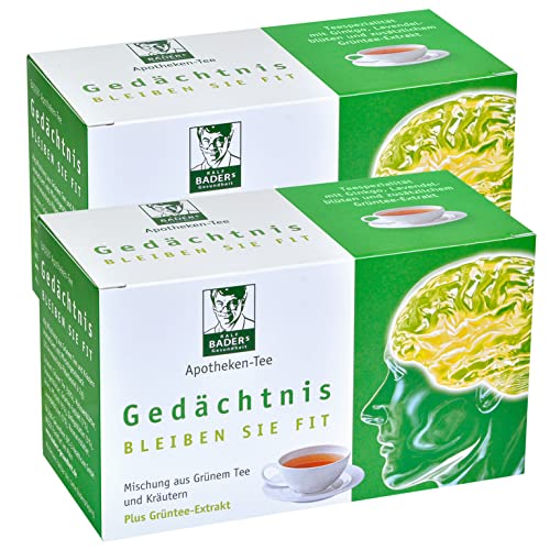 BADERs Apotheken-Tee Gedächtnis. Grüner Tee mit zusätzlichem Grüntee-Extrakt, Melisse und Ginkgo. Köstlicher Geschmack mit Pfirsicharoma. 2 x 20 Filterbeutel. PZN 001179490 von Ralf BADERs Gesundheit