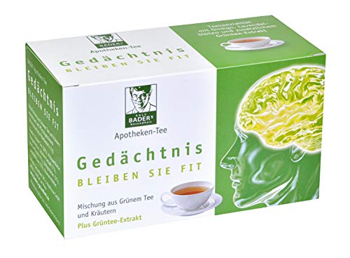 BADERs Apotheken-Tee Gedächtnis. Grüner Tee mit zusätzlichem Grüntee-Extrakt, Melisse und Ginkgo. Köstlicher Geschmack mit Pfirsicharoma. 20 Filterbeutel. PZN 001179490 von Ralf BADERs Gesundheit