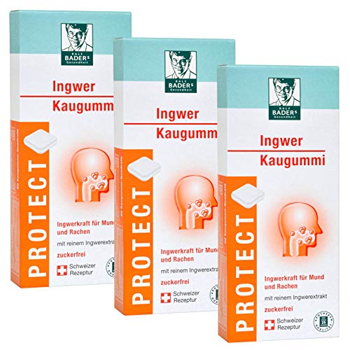 BADERs PROTECT Ingwer Kaugummi aus der Apotheke. Mit den Scharfstoffen der Gingerole. Ideal auch bei Reisen. 3 x 20 Kaugummi-Quadrate von PROTECT