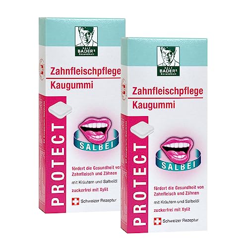 BADERs PROTECT Zahnfleischpflege Kaugummi Duo aus der Apotheke. Mit Kräutern, Salbeiöl und Xylit. 2 x 20 Kaugummi-Quadrate von Ralf BADERs Gesundheit