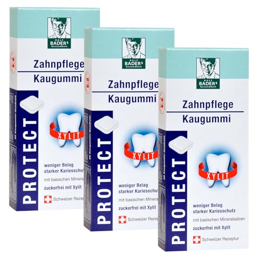 BADERs Gesundheit PROTECT Zahnpflege-Kaugummi aus der Apotheke. Weniger Zahnbelag, weißere Zähne. Zuckerfrei mit 100% Xylit. 3 x 20 Kaugummi-Quadrate von Ralf BADERs Gesundheit