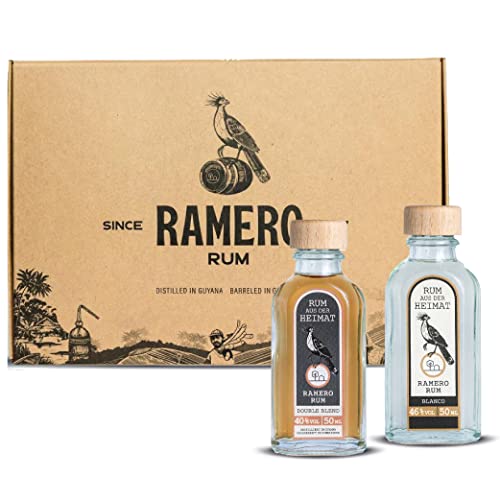 RAMERO Rum Miniatur Set 2 x 50ml braun und weißer Rum Minis im Probierset inkl. DOUBLE Blend mind. 3 Jahre gereift und BLANCO im Geschenkset - World Spirits GOLD Award 2022 Gewinner von Ramero