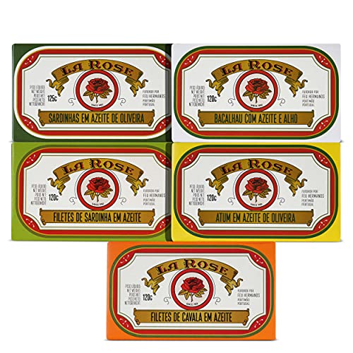 La Rose - Portugiesische Fisch Konserven Set - 5 Arten - Sardinen - Thunfisch - Makrele - Kabeljau - Portugal La Rose - Portugiesische Fisch Konserven Set - 5 Arten - Sardinen - Thunfisch - Makrele - Kabeljau - Portugal von Ramirez