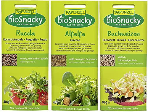 BioSnacky Sprossen Mix mit 3 Sorten, je 40g, von Rapunzel, mit den Sorten Rucola, Alfalfa, Buchweizen, frische Bio-Keimsprossen zum Selberkeimen für gesunde Salate, Sandwiches & Smoothies von Rapunzel