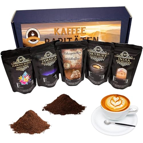 C&T edles und hochwertiges Kaffee Geschenk-Set | 5x Raritäten je 100g Ganze Bohne | Fünf exclusive Kaffeeraritäten inkl. Hawaii Kona + Jamaika Blue Mountain von Raritäten der Coffee & Tea Company