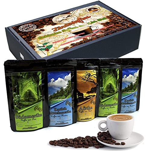 C&T Kaffee Geschenk-Set mit Länder-Kaffee aus aller Welt | 5x Kaffees je 65g Ganze Bohnen | Brasilien + Honduras + Peru + Mexiko + Kenia - im Geschenkkarton von C&T