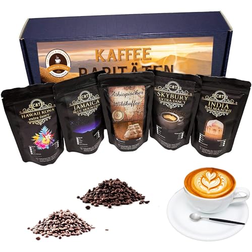 C&T Premium Kaffee Geschenk-Set | 5x Raritäten je 100g Ganze Bohne | Hawaii Kona + Jamaika Blue Mountain + Australien Skybury + Indien Balmaadhi von Raritäten der Coffee & Tea Company