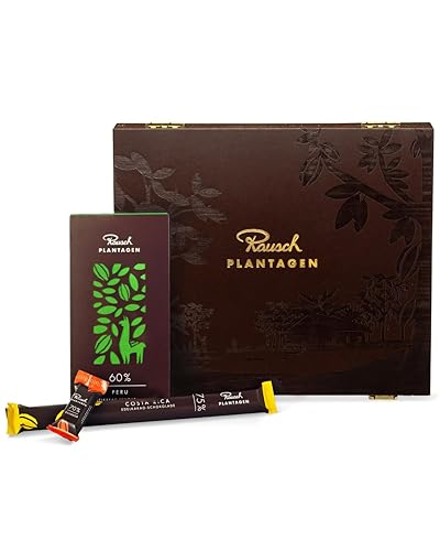 Rausch Plantagen Holz Schatulle – Holz Schachtel gefüllt mit 21 Minis, 8 Sticks und 3 Tafeln Edelschokolade – Schokolade aus aller Welt – Schokoladen Geschenkset von Rausch