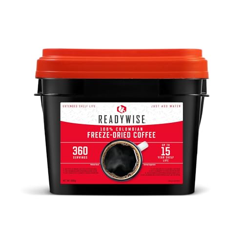 ReadyWise – 360 Portionen – Gefriergetrockneter Kaffee aus Kolumbien im praktischen Eimer – 15 Jahre Haltbarkeit – Notfallnahrung – Langlebige Lebensmittelversorgung – Notfall Ausrüstung – Notration von ReadyWise