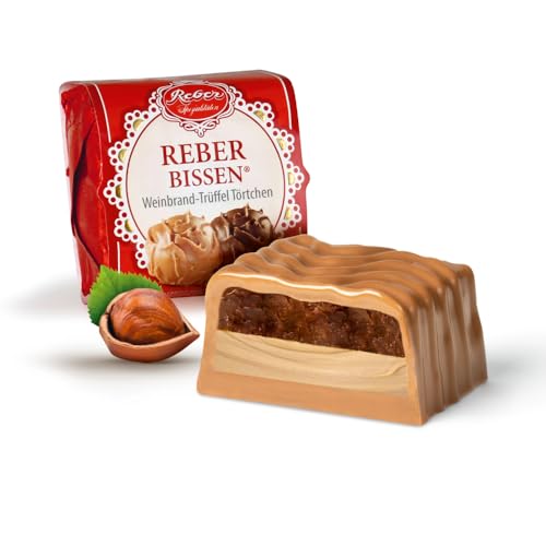 Reber-Bissen, Trüffel-Pastete, Alpenmilch-Schokolade, Alkoholhaltig, Sahne-Trüffel, Weinbrand-Sultanine, Nuss-Nougat, 1 x 40 g – neue Rezeptur von Reber