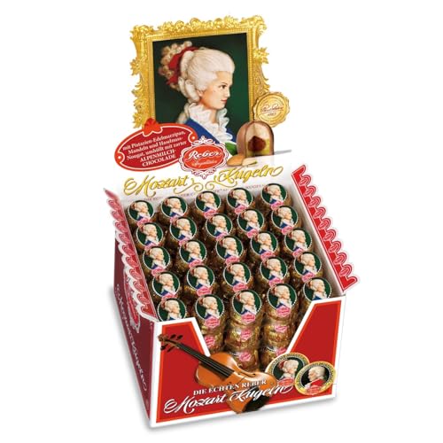 Reber Constanze Mozart-Kugeln, 100er Aufstellkarton, Mozart-Kugeln aus Alpenmilch Schokolade, Gefüllt mit Pistazien, Marzipan, Mandeln, Haselnuss-Nougat, 2 kg (100 Constanze Mozart-Kugeln) von Reber