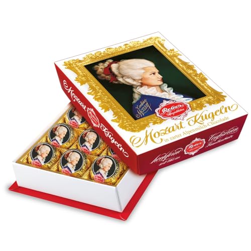 Reber, Constanze Mozart-Kugeln Barock, 12er Packung, Mozart-Kugeln aus Alpenmilch Schokolade, Gefüllt mit Pistazien, Marzipan, Mandeln, Haselnuss-Nougat, 240g (12 Constanze Mozart-Kugeln) von Reber