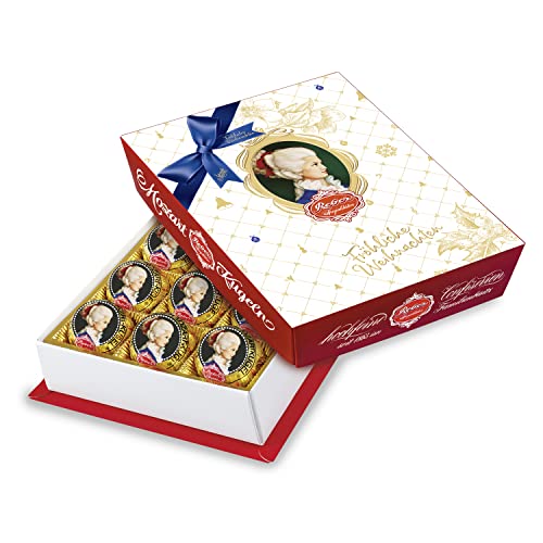 Reber Constanze Mozart-Kugeln – 12er Packung in der Weihnachts-Edition – Reber Constanze Kugeln aus Alpenmilch- und Zartbitter-Schokolade, Marzipan und Nougat von Reber