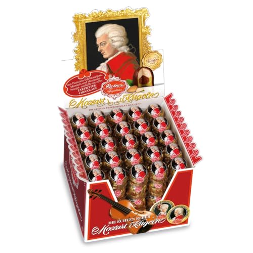 Reber Mozart-Kugeln, 100er Aufstellkarton, Mozart-Kugeln aus Zartbitter-Schokolade, Gefüllt mit Pistazien-Marzipan, Mandeln und Haselnuss-Nougat, 2kg (100 Mozart-Kugeln) von Reber