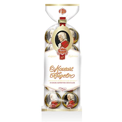 Reber, Mozart-Kugeln, 8er Tüte, Mozart-Kugeln aus Zartbitter-Schokolade, Gefüllt mit Pistazien-Marzipan, Mandeln und Haselnuss-Nougat, 160g (8 Mozart-Kugeln) von Reber