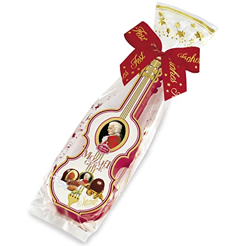 Reber Mozart-Geige mit Schleife – 7er Packung in der Weihnachts-Edition – Echte Reber Mozart-Kugeln aus Zartbitter-Schokolade, Marzipan und Nougat von Reber