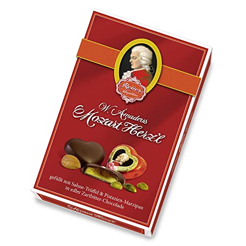 Reber Mozart Herz'l, Zartbitter-Schokolade, Pistazien-Marzipan, Sahne-Trüffel, Besonderes Design, 24er-Packung von Reber