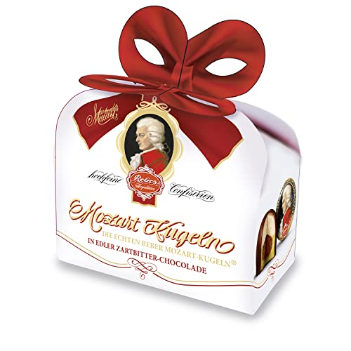 Reber, Mozart-Kugeln Duett, 2er Packung, Mozart-Kugeln aus Zartbitter-Schokolade, Gefüllt mit Pistazien-Marzipan, Mandeln und Haselnuss-Nougat, 40g (2 Mozart-Kugeln) von Reber