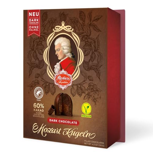 Reber, Mozart-Kugeln Dark Chocolate, 6er Packung, Mozart-Kugeln aus Doppelte Schicht Zartbitter-Schokolade, Gefüllt mit Pistazien-Marzipan, Mandeln und Haselnuss-Nougat, 120g (6 Mozart-Kugeln) von Reber