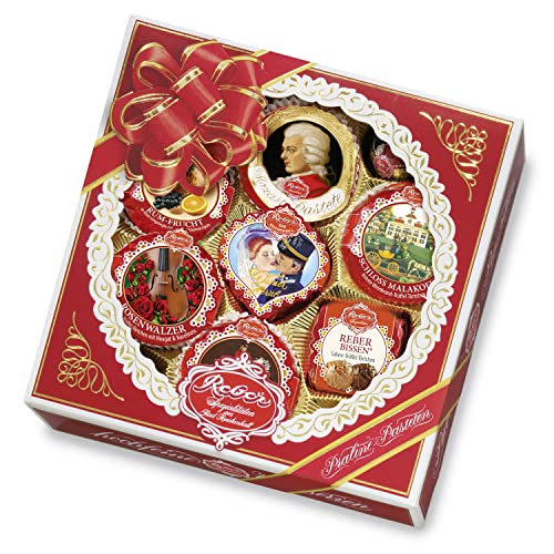 Reber Quadrat-Kassette, Pralinen, Mozart-Kugel, Marzipan, Pasteten, Tolles Geschenk, 340g, 11er-Packung von Reber