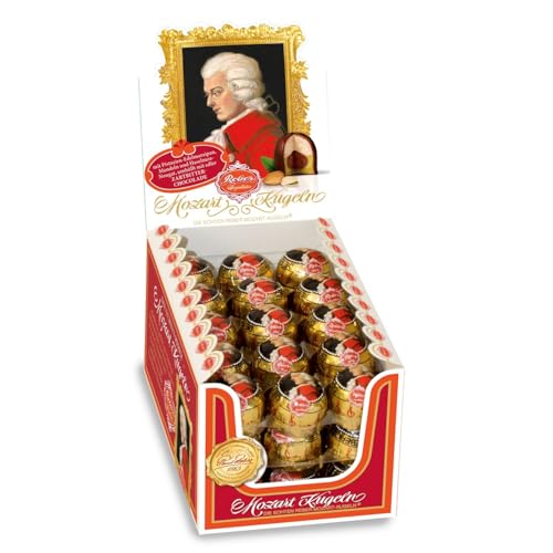 Reber Mozart-Kugeln, 45er Aufstellkarton, Mozart-Kugeln aus Zartbitter-Schokolade, Gefüllt mit Pistazien-Marzipan, Mandeln und Haselnuss-Nougat, 900g (45 Mozart-Kugeln) von Reber