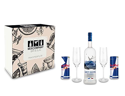 Grey Goose Vodka Geschenk Set - Grey Goose Vodka 0,7l 700ml (40% Vol) + 2 Red Bull 250ml + 2 Flöten Gläser - Inkl. Pfand EINWEG von Red Bull-Red Bull