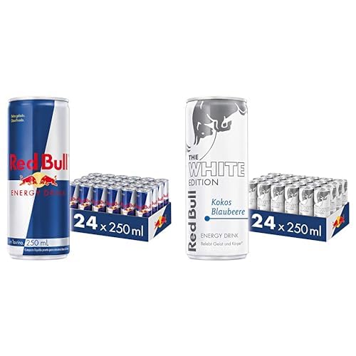 Bundle aus Red Bull Energy Drink, 24 x 250 ml, Dosen Getränke 24er Palette, OHNE PFAND + Red Bull Energy Drink, Kokos Blaubeere, White Edition, 24 x 250 ml, Dosen Getränke 24er Palette, OHNE PFAND von Red Bull