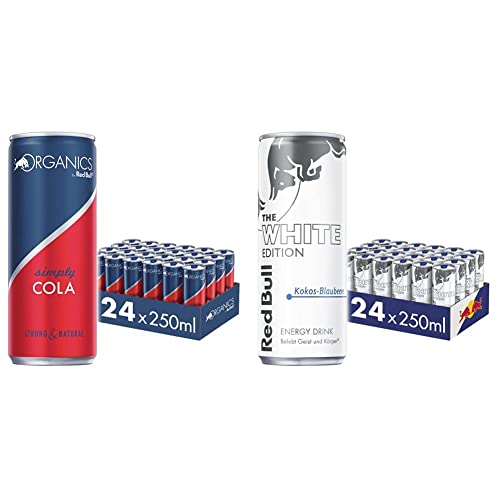 Organics by Red Bull Simply Cola - 24er Palette Dosen - Bio-Erfrischungsgetränke 100% natürliche Zutaten, EINWEG & Energy Drink White Edition - 24er Palette Dosen - Getränke mit Kokos-Blaubeere von Red Bull