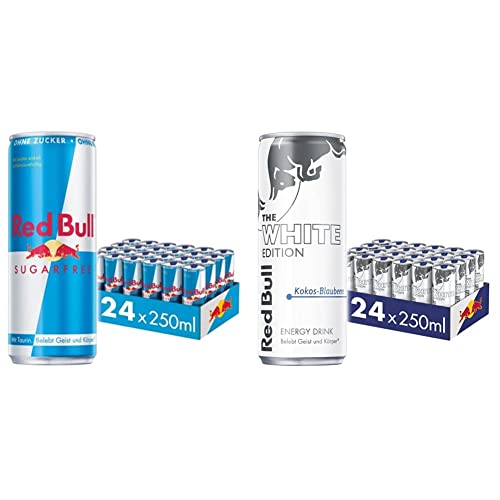 Red Bull Energy Drink Sugarfree - EINWEG (24 x 250 ml) | 250 ml (24er Pack) & Energy Drink White Edition - 24er Palette Dosen - Getränke mit Kokos-Blaubeere-Geschmack, EINWEG (24 x 250 ml) von Red Bull