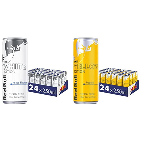 Red Bull Energy Drink White Edition - 24er Palette Dosen - Getränke mit Kokos-Blaubeere-Geschmack, EINWEG (24 x 250 ml) & Energy Drink Yellow Edition Getränke, Tropical, 24 x 250ml (EINWEG) von Red Bull